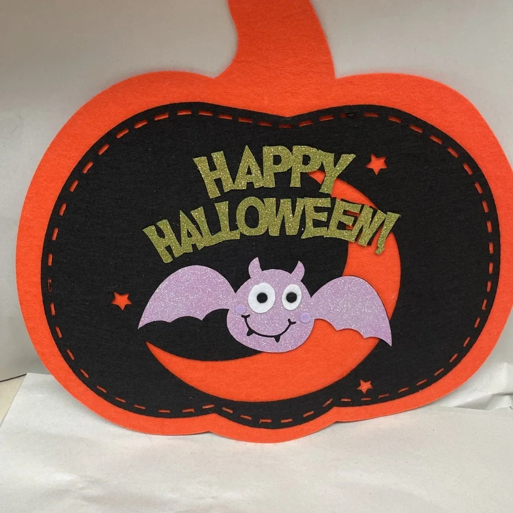 2 Hanging Felt Halloween Pumpkin Decorations,Wall Hanging,Orange & Black Glitter